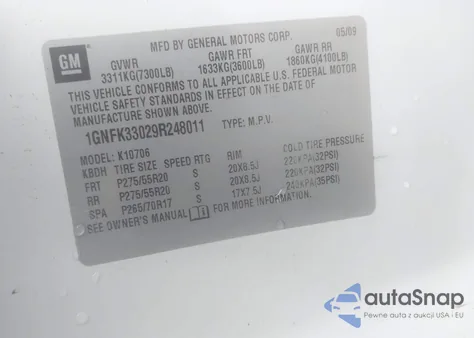 2009 Chevrolet Tahoe Ltz from USA, damaged, VIN 1GNFK33029R248011